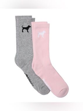 PINK Victoria's Secret Pink & Gray Dog Logo 2-Pack Crew Socks - New